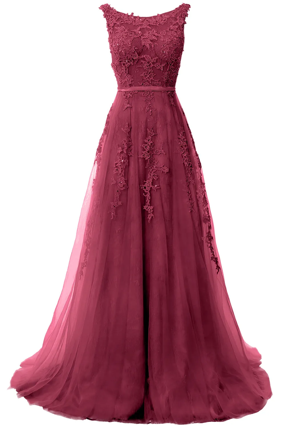 MACloth Lace Prom Dresses Boat Neck Sleeveless Lace Wedding Formal Evening Gown