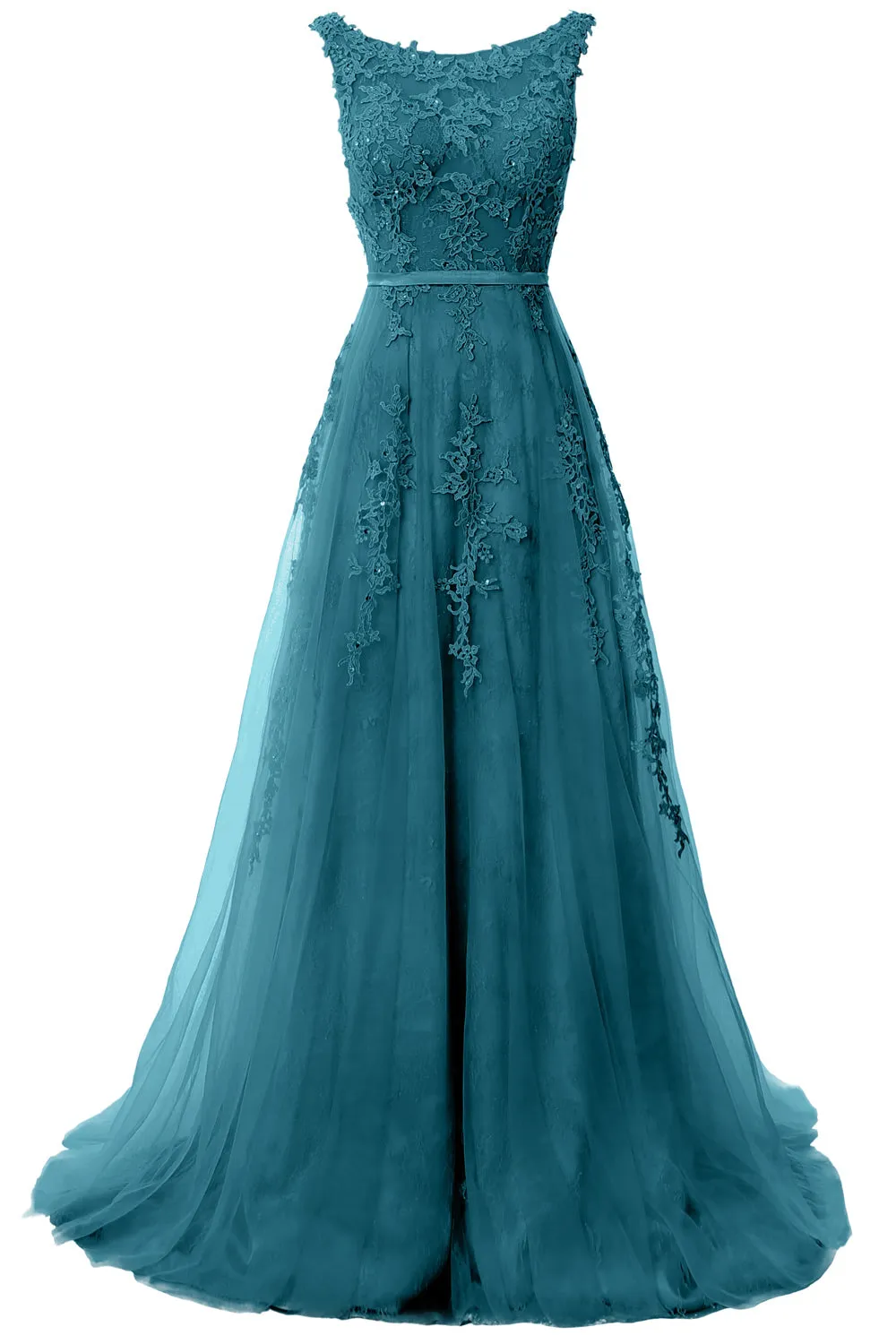 MACloth Lace Prom Dresses Boat Neck Sleeveless Lace Wedding Formal Evening Gown