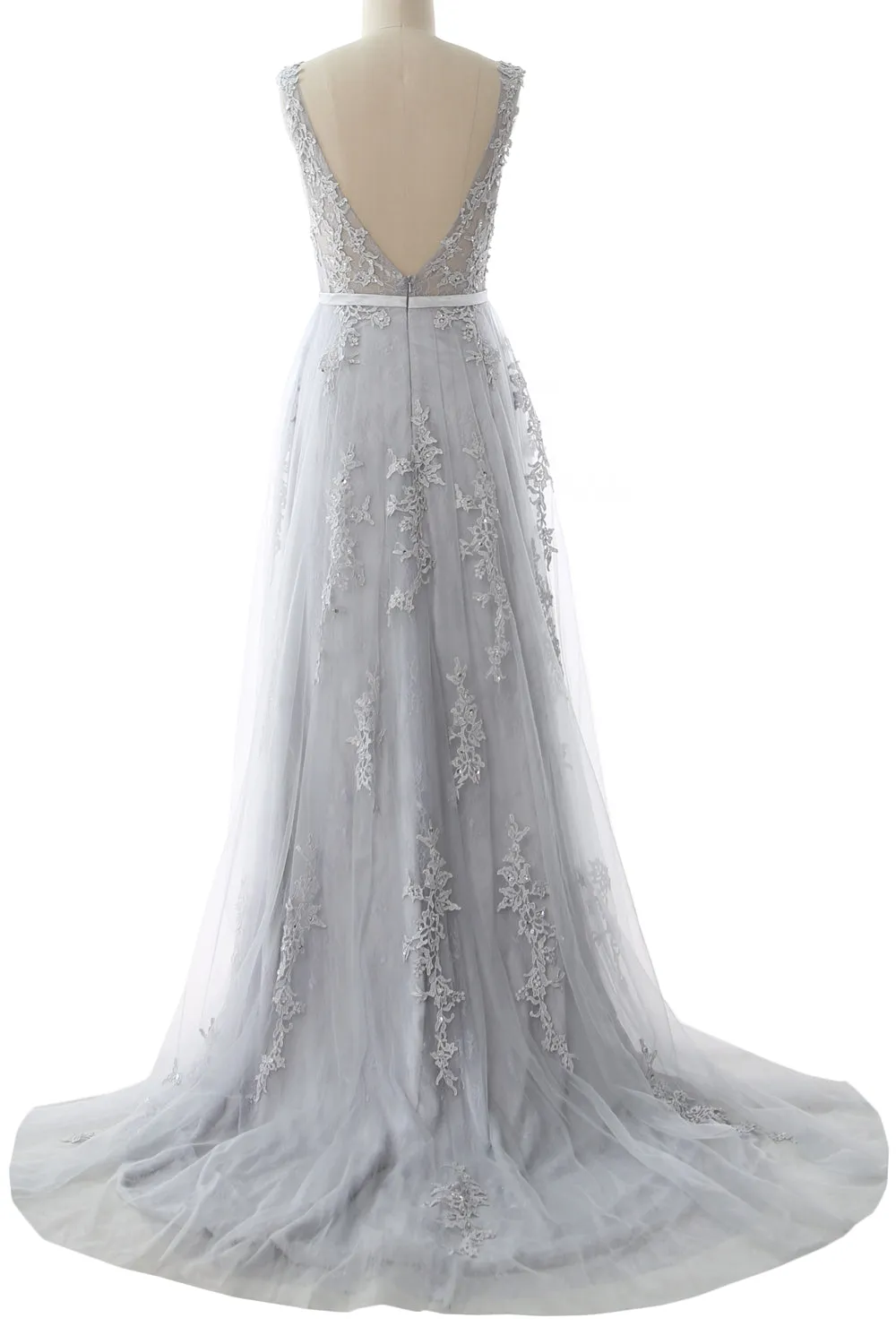 MACloth Lace Prom Dresses Boat Neck Sleeveless Lace Wedding Formal Evening Gown