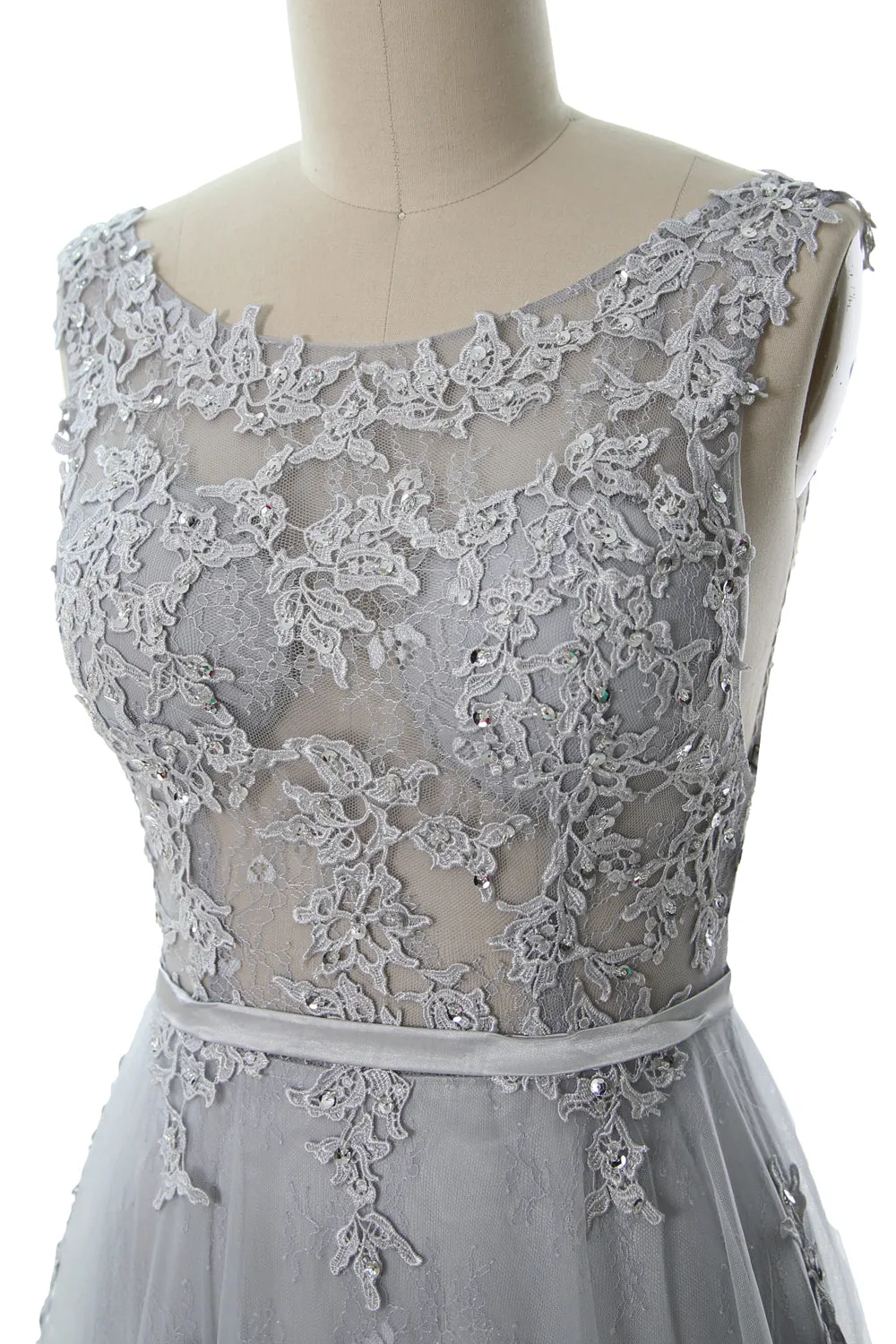 MACloth Lace Prom Dresses Boat Neck Sleeveless Lace Wedding Formal Evening Gown