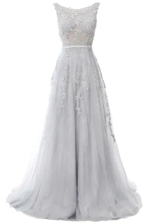 MACloth Lace Prom Dresses Boat Neck Sleeveless Lace Wedding Formal Evening Gown