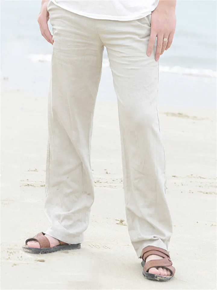 Male Linen Elastic Waist Beach Straight Leg Pants
