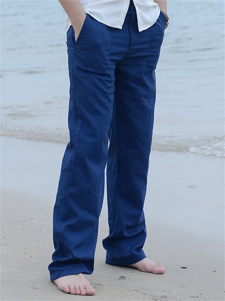 Male Linen Elastic Waist Beach Straight Leg Pants
