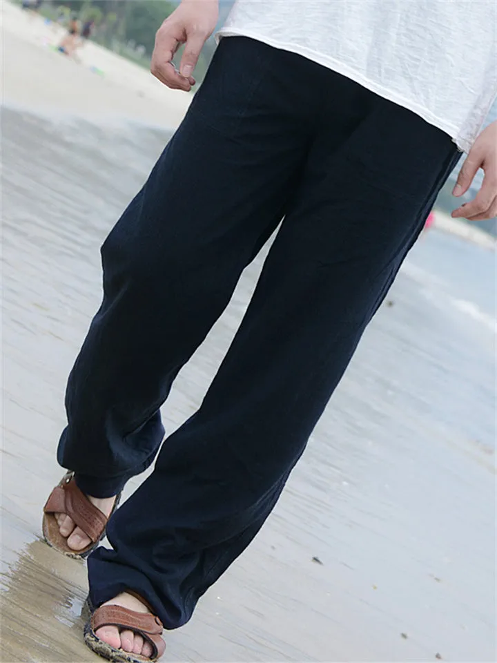 Male Linen Elastic Waist Beach Straight Leg Pants
