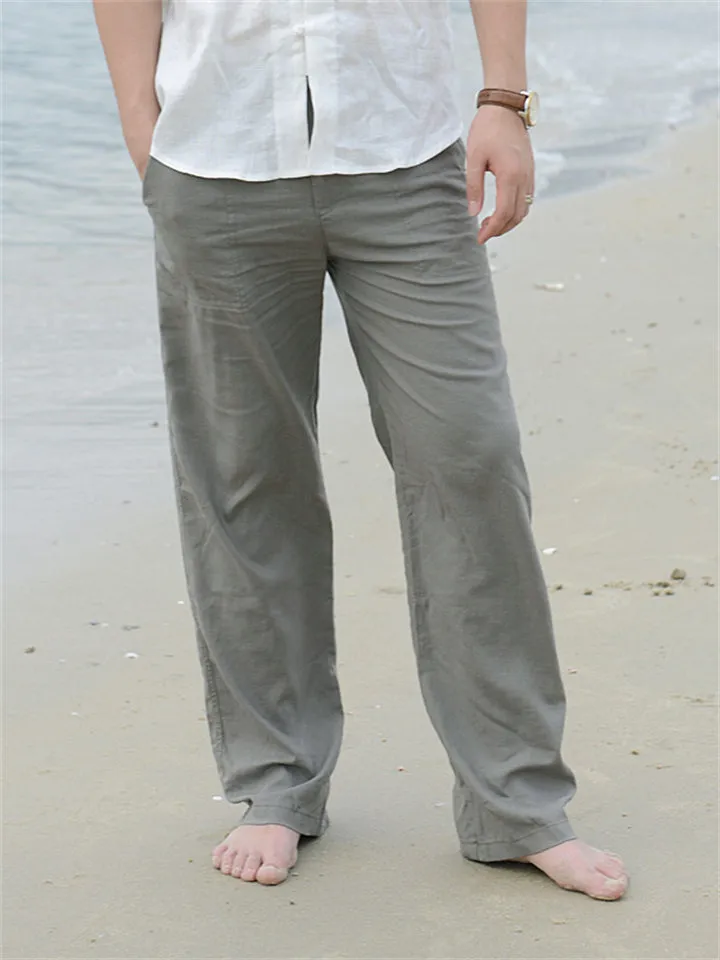 Male Linen Elastic Waist Beach Straight Leg Pants