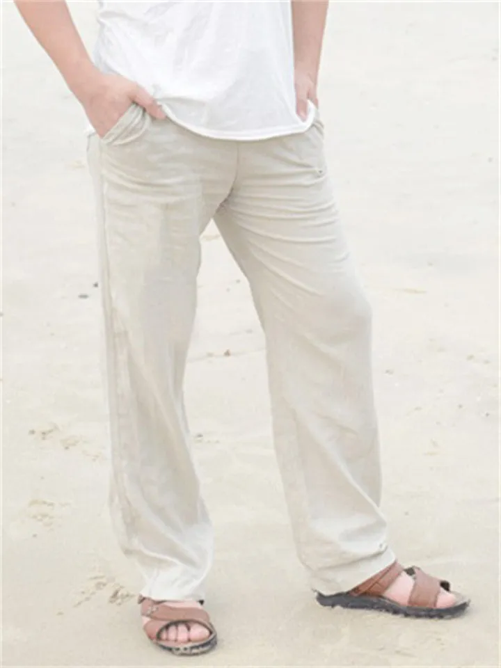 Male Linen Elastic Waist Beach Straight Leg Pants