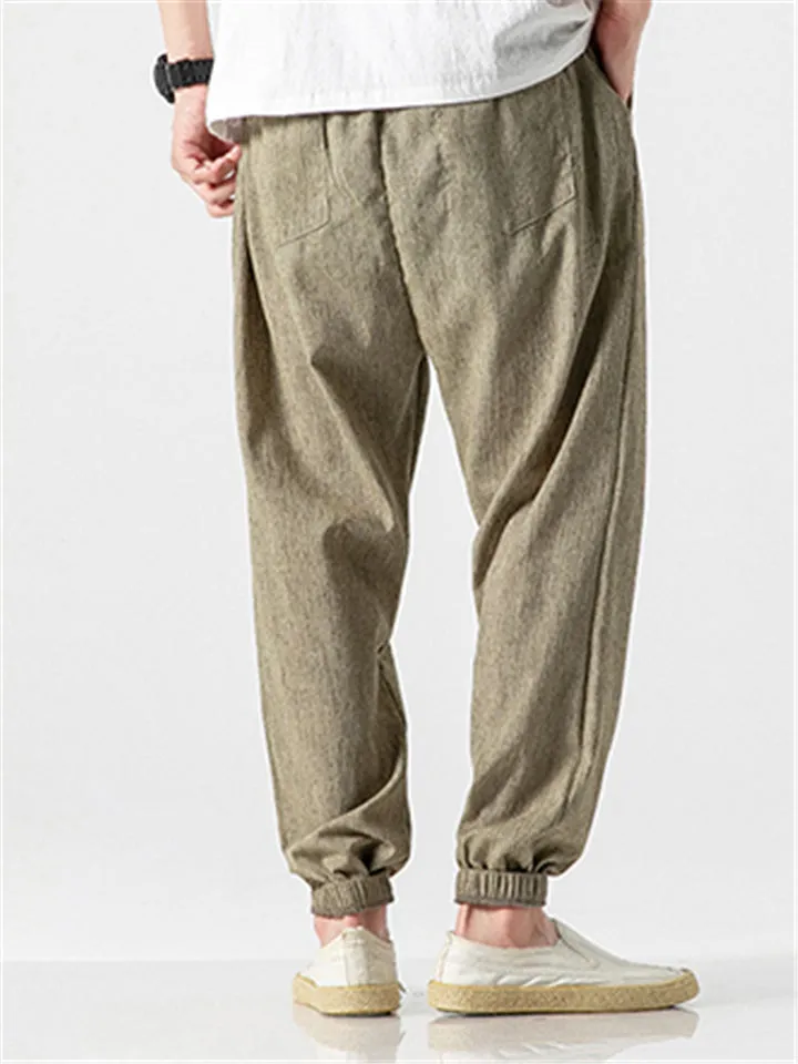 Men Cotton Linen Lightweight Drawstring Pants
