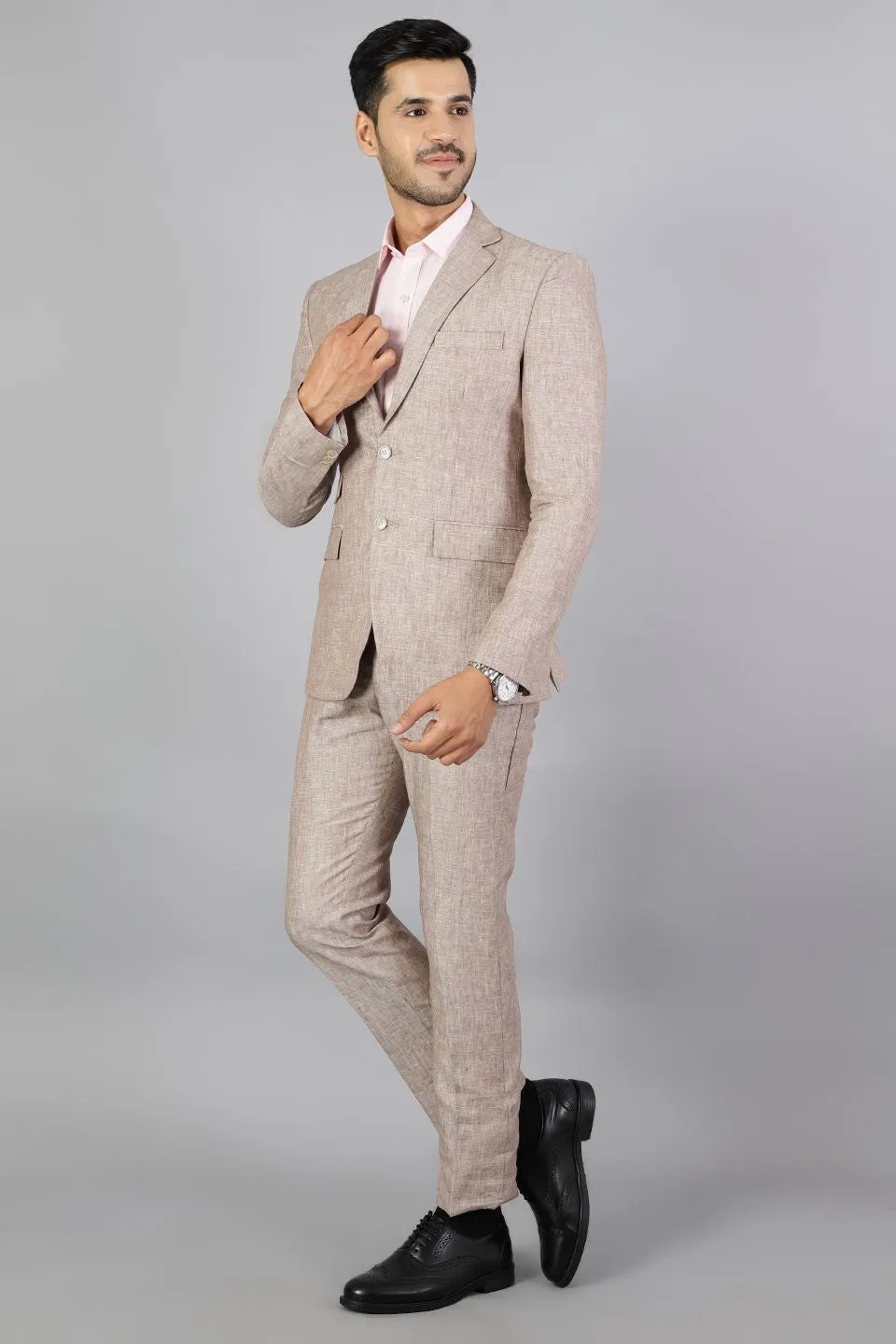Men Linen Brown 2 Piece Suit