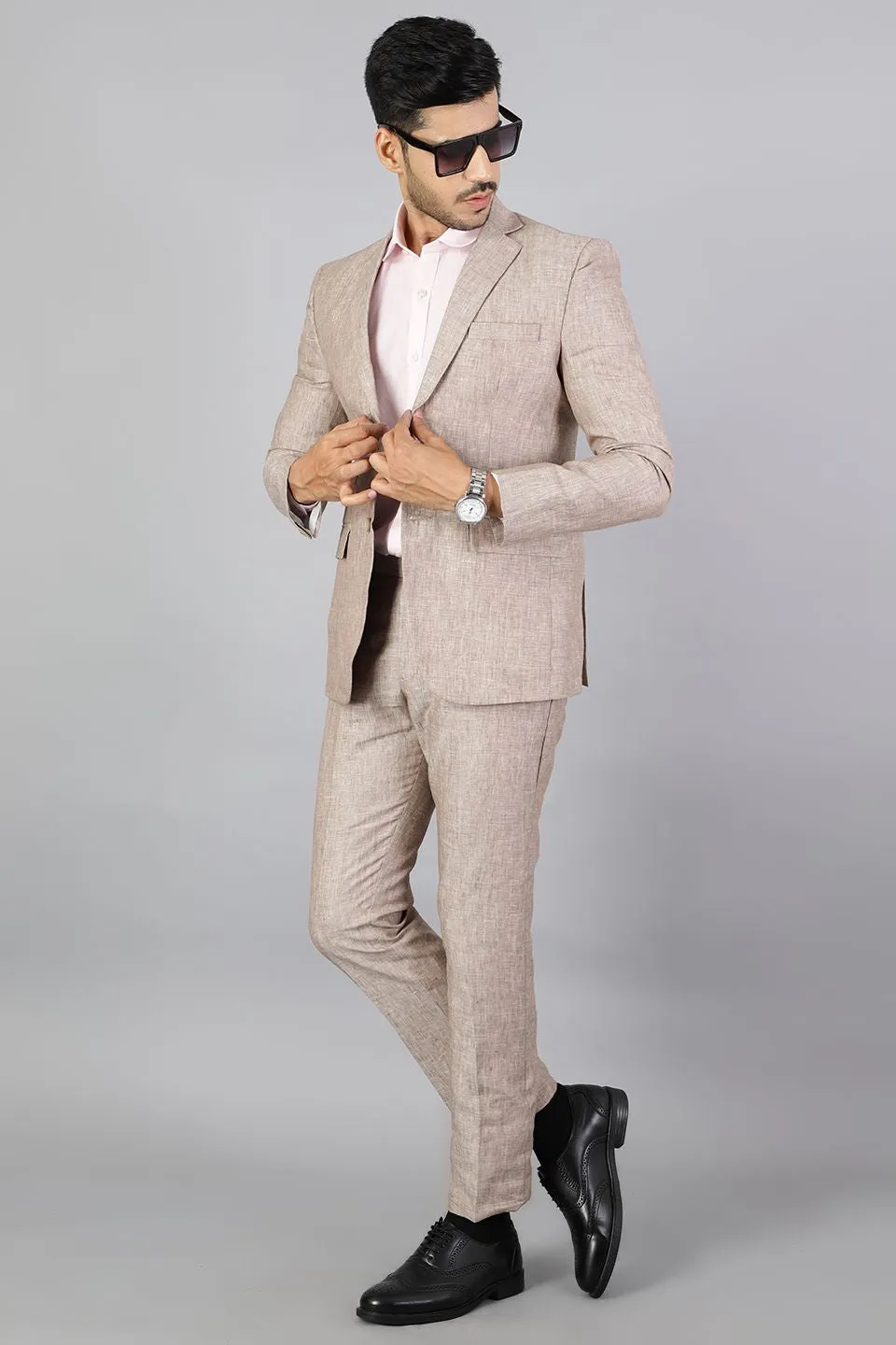 Men Linen Brown 2 Piece Suit