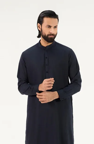 Men's Band Collar Shalwar Suit - Navy Blue