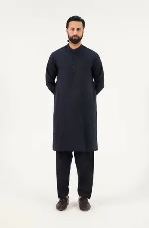 Men's Band Collar Shalwar Suit - Navy Blue