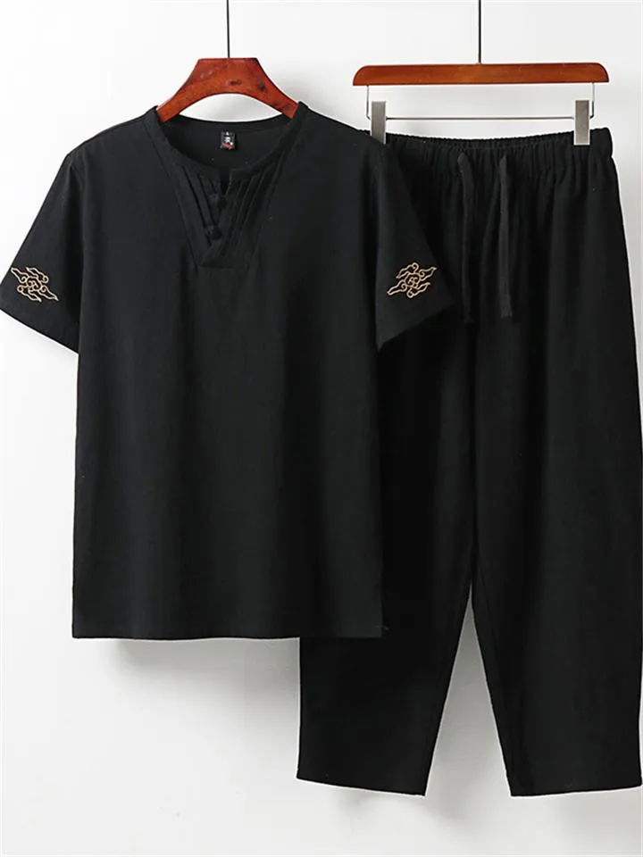 Men's Comfy Oversize Solid Color 2-Piece Outfit Retro Button T-Shirt   Drawstring Pants