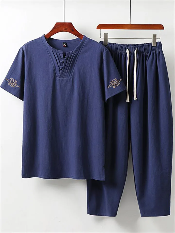 Men's Comfy Oversize Solid Color 2-Piece Outfit Retro Button T-Shirt   Drawstring Pants