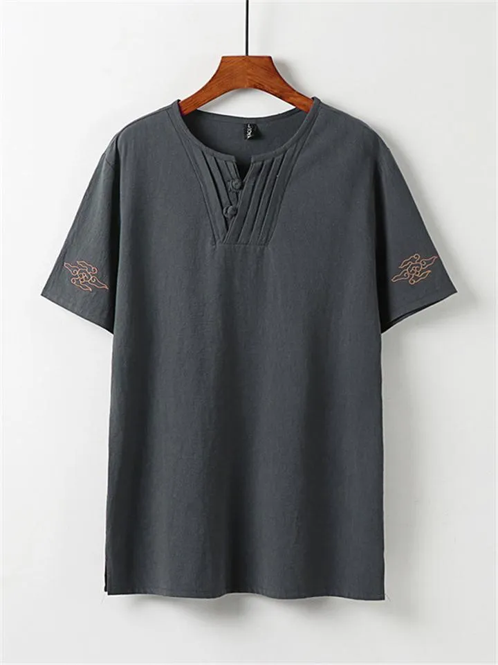 Men's Comfy Oversize Solid Color 2-Piece Outfit Retro Button T-Shirt   Drawstring Pants