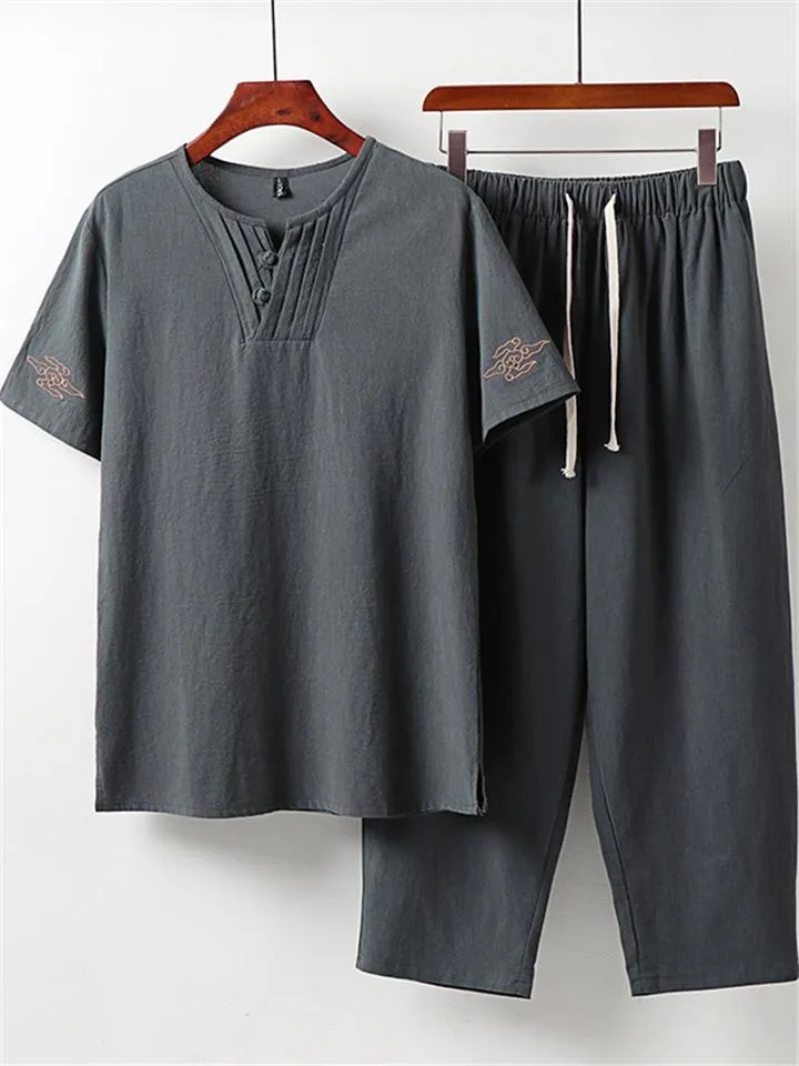 Men's Comfy Oversize Solid Color 2-Piece Outfit Retro Button T-Shirt   Drawstring Pants