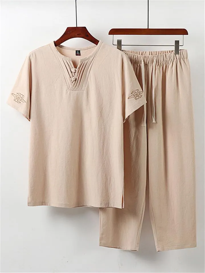 Men's Comfy Oversize Solid Color 2-Piece Outfit Retro Button T-Shirt   Drawstring Pants