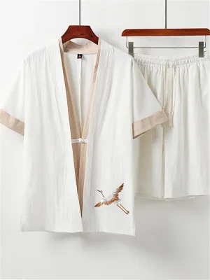 Men's Linen 2-Piece Outfit Simple Style V-Neck Solid Color Short Sleeve Top   Drawstring Shorts