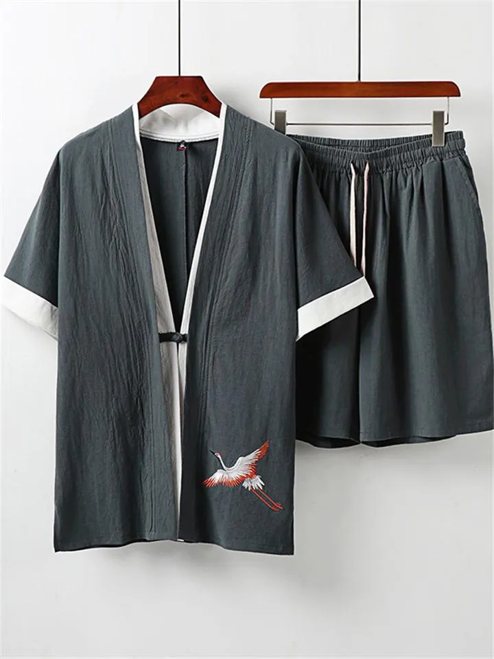 Men's Linen 2-Piece Outfit Simple Style V-Neck Solid Color Short Sleeve Top   Drawstring Shorts
