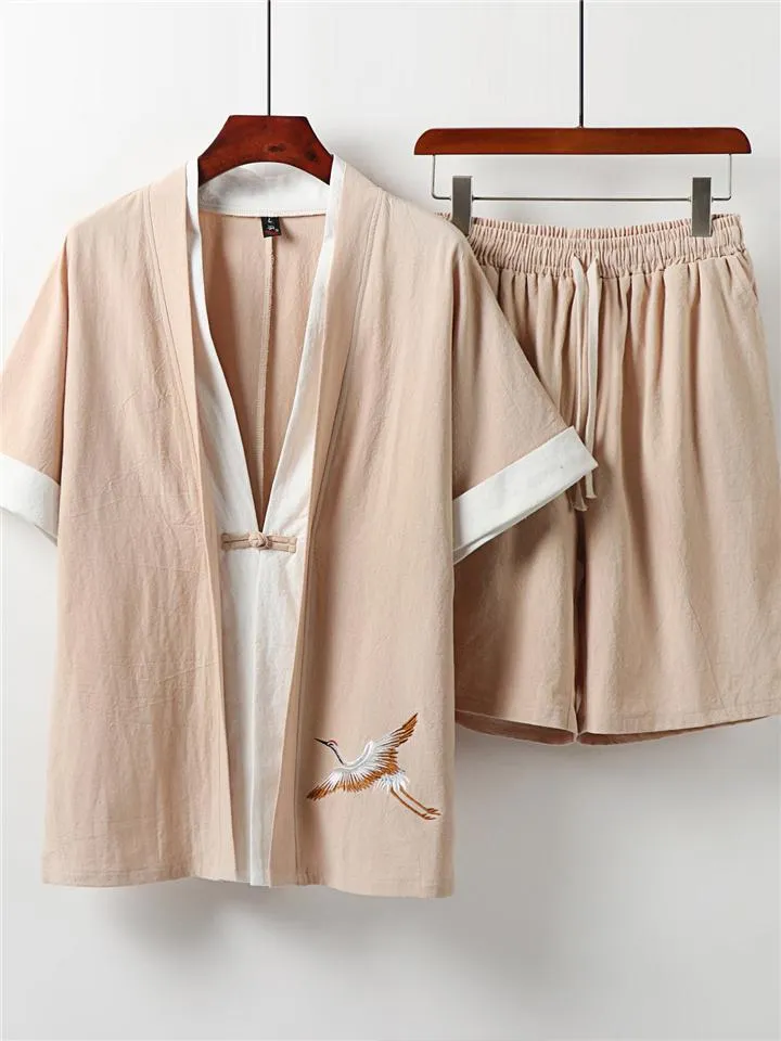 Men's Linen 2-Piece Outfit Simple Style V-Neck Solid Color Short Sleeve Top   Drawstring Shorts