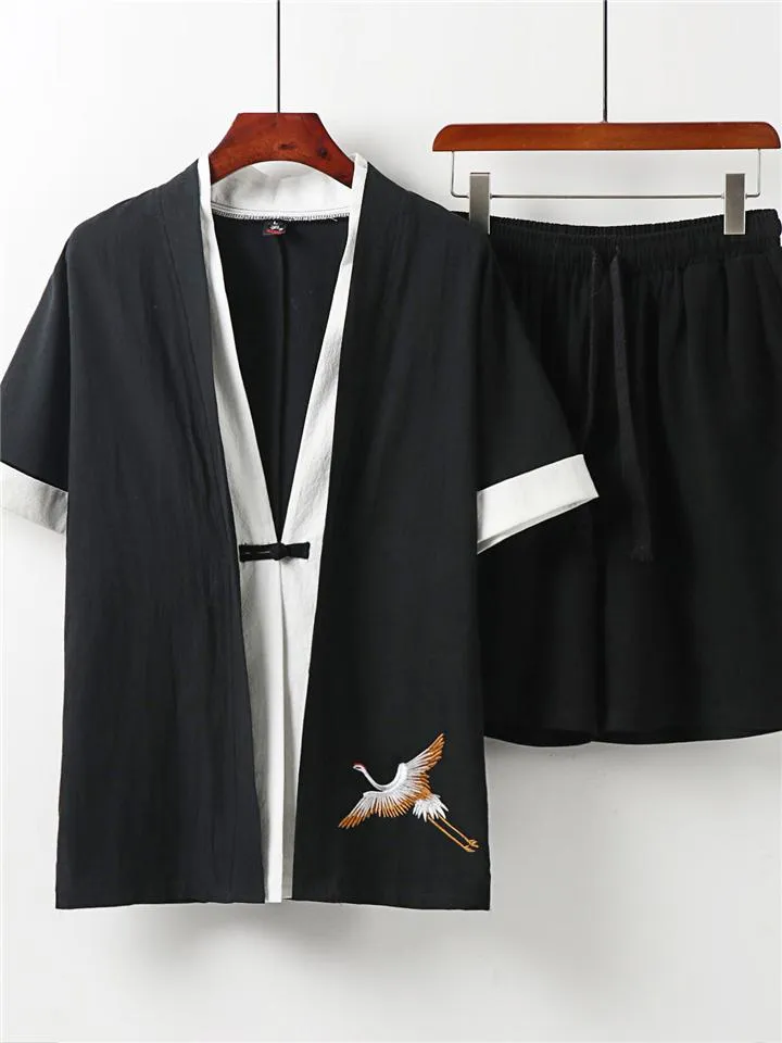 Men's Linen 2-Piece Outfit Simple Style V-Neck Solid Color Short Sleeve Top   Drawstring Shorts