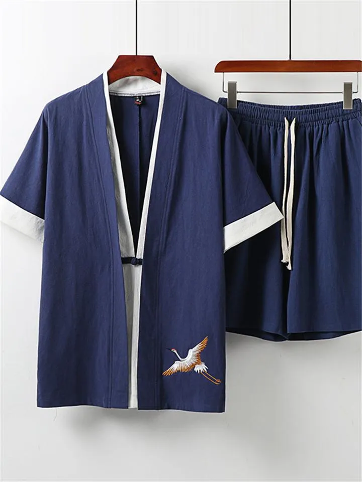 Men's Linen 2-Piece Outfit Simple Style V-Neck Solid Color Short Sleeve Top   Drawstring Shorts