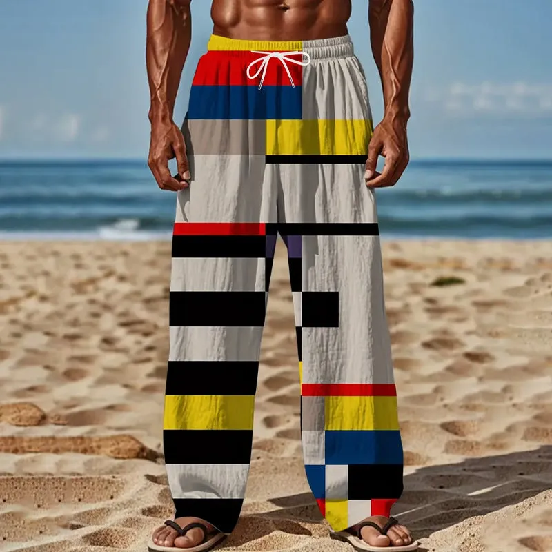 Men's Multi-color Abstract Print Pants With Drawstring