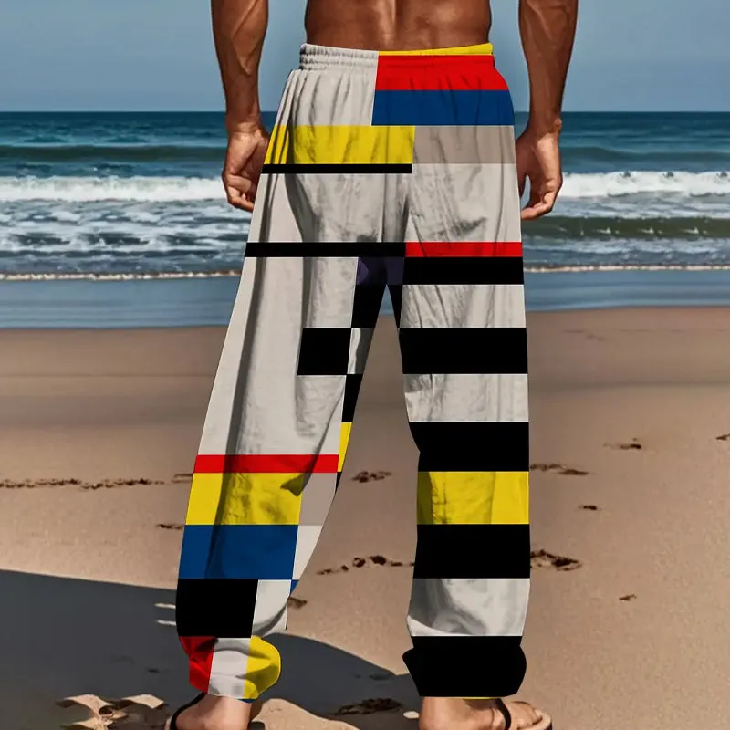 Men's Multi-color Abstract Print Pants With Drawstring