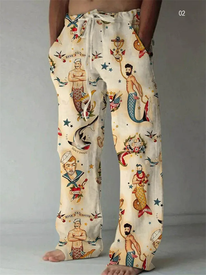 Men's Retro Cozy Ethnic Art Printed Drawstring Cotton Linen Pants