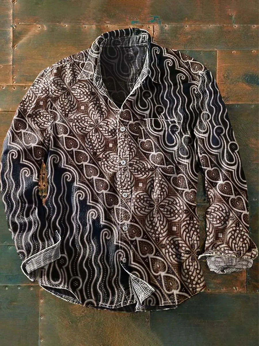 Men's Retro Patchwork Floral Print Casual Lapel Long Sleeve Shirt