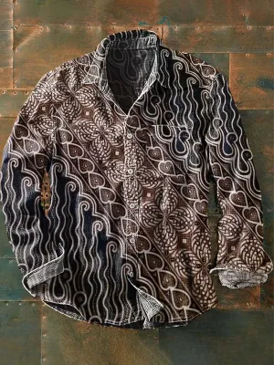 Men's Retro Patchwork Floral Print Casual Lapel Long Sleeve Shirt