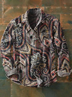 Men's Retro Patchwork Floral Print Casual Lapel Long Sleeve Shirt