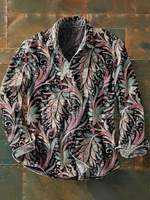 Men's Retro Patchwork Floral Print Casual Lapel Long Sleeve Shirt
