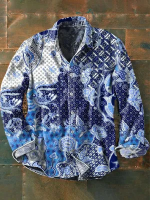 Men's Retro Patchwork Floral Print Casual Lapel Long Sleeve Shirt