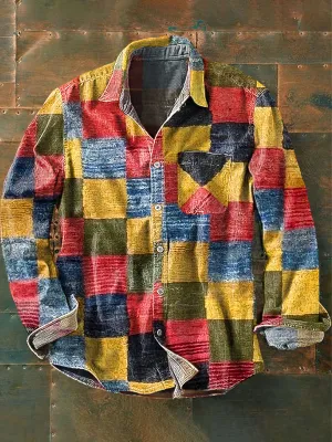 Men's Vintage Abstract Color Block Patchwork Art Print Long Sleeve Pocket Shirt