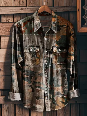 Men's Vintage Camouflage Patchwork Art Print Workwear Pocket Shirt