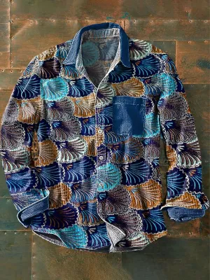 Men's Vintage Colorful Scalloped Patchwork Art Print Long Sleeve Pocket Shirt