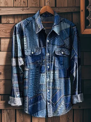Men's Vintage Denim Color Geometric Patchwork Art Print Long Sleeve Workwear Pocket Shirt