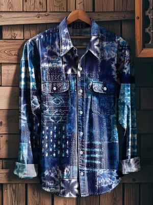 Men's Vintage Ethnic Patchwork Art Print Long Sleeve Workwear Pocket Shirt