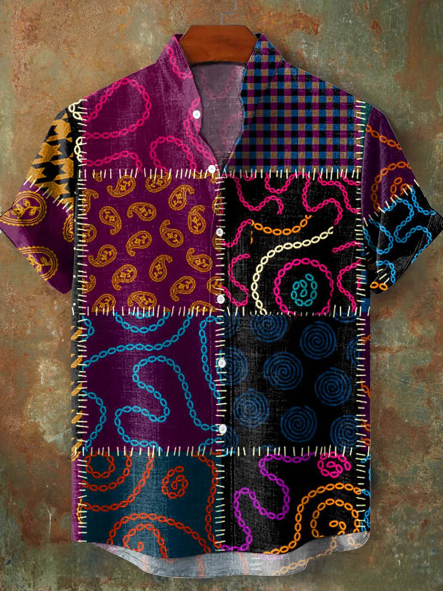Men's Vintage Ethnic Style Patchwork Art Print Stand Collar Pocket Shirt