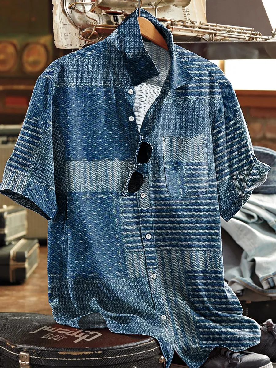 Men's Vintage Geometric Patchwork Art Print Lapel Short Sleeve Pocket Shirt