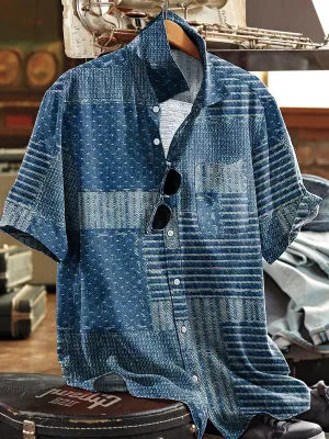 Men's Vintage Geometric Patchwork Art Print Lapel Short Sleeve Pocket Shirt