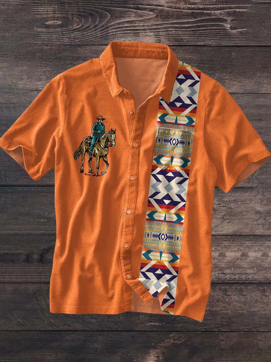 Men's Western Cowboy Patchwork Printed Lapel Short Sleeve Shirt