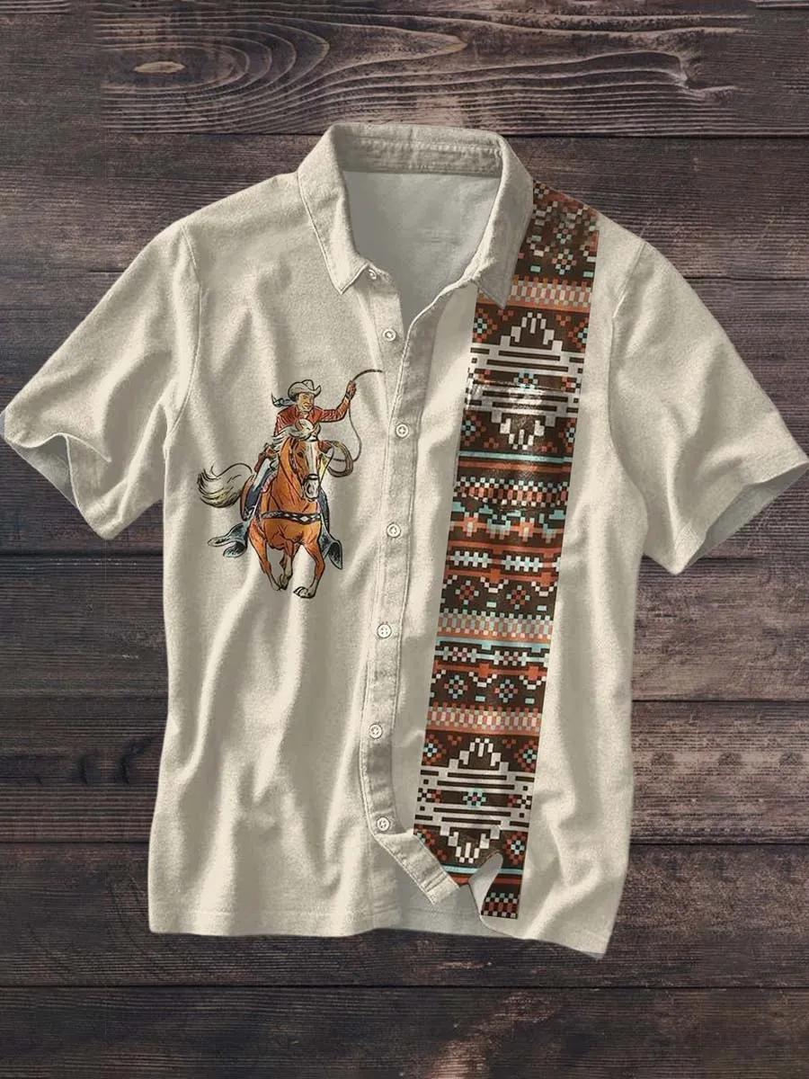 Men's Western Cowboy Patchwork Printed Lapel Short Sleeve Shirt