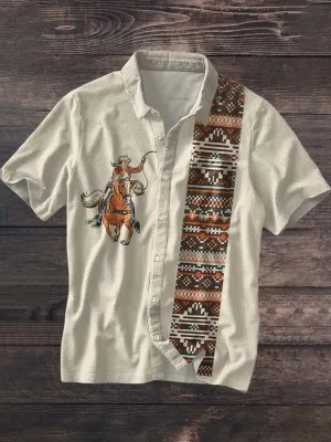 Men's Western Cowboy Patchwork Printed Lapel Short Sleeve Shirt