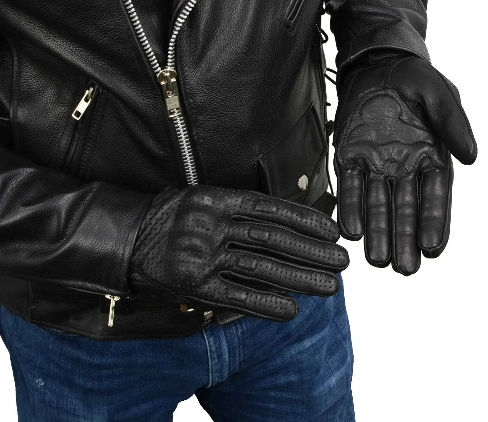 MG7500 Men's Black Perforated Leather Gel Padded Palm Motorcycle Hand Gloves W/ 'Rubberized Hard Knuckle’ For Protection