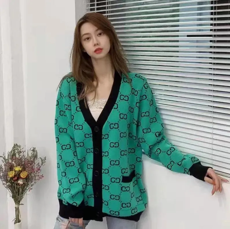 New Women Sweaters Long Sleeve Casual Cardigan Autumn V-neck PatchWork Knit Sweater Fashion Spatching Letter Print Jacket