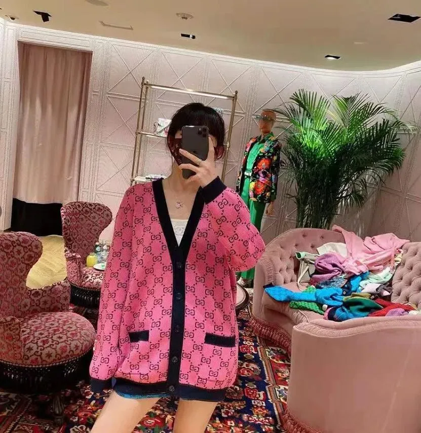New Women Sweaters Long Sleeve Casual Cardigan Autumn V-neck PatchWork Knit Sweater Fashion Spatching Letter Print Jacket