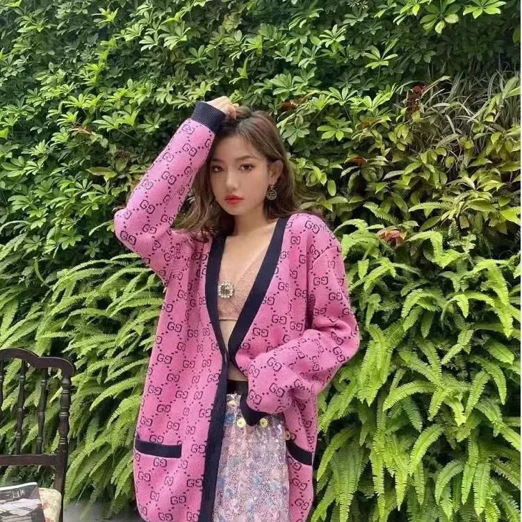 New Women Sweaters Long Sleeve Casual Cardigan Autumn V-neck PatchWork Knit Sweater Fashion Spatching Letter Print Jacket
