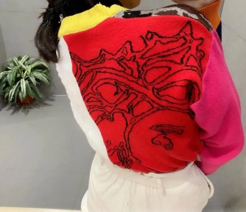 New Women Sweaters Long Sleeve Casual Cardigan Autumn V-neck PatchWork Knit Sweater Fashion Spatching Letter Print Jacket