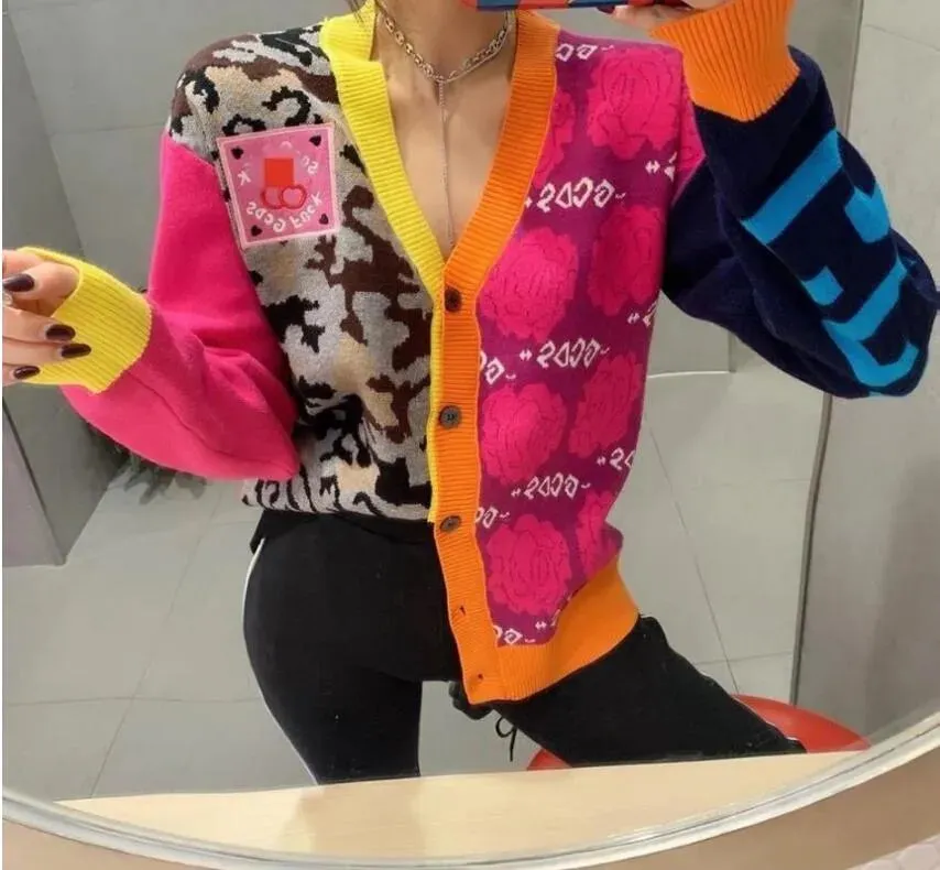 New Women Sweaters Long Sleeve Casual Cardigan Autumn V-neck PatchWork Knit Sweater Fashion Spatching Letter Print Jacket